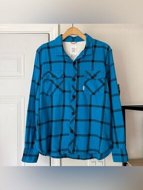 TOPO DESIGNS blue black windowpane‎ plaid organic cotton button up shirt